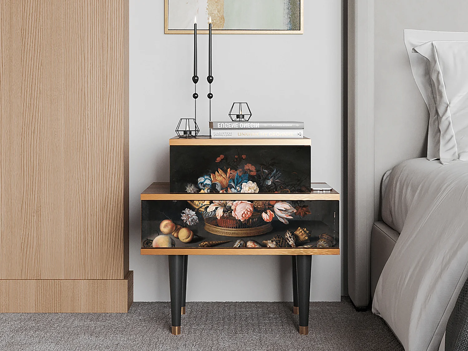 Stolik nocny - 58х58х41 cm - NS1 - Still Life with Flowers, Orzech