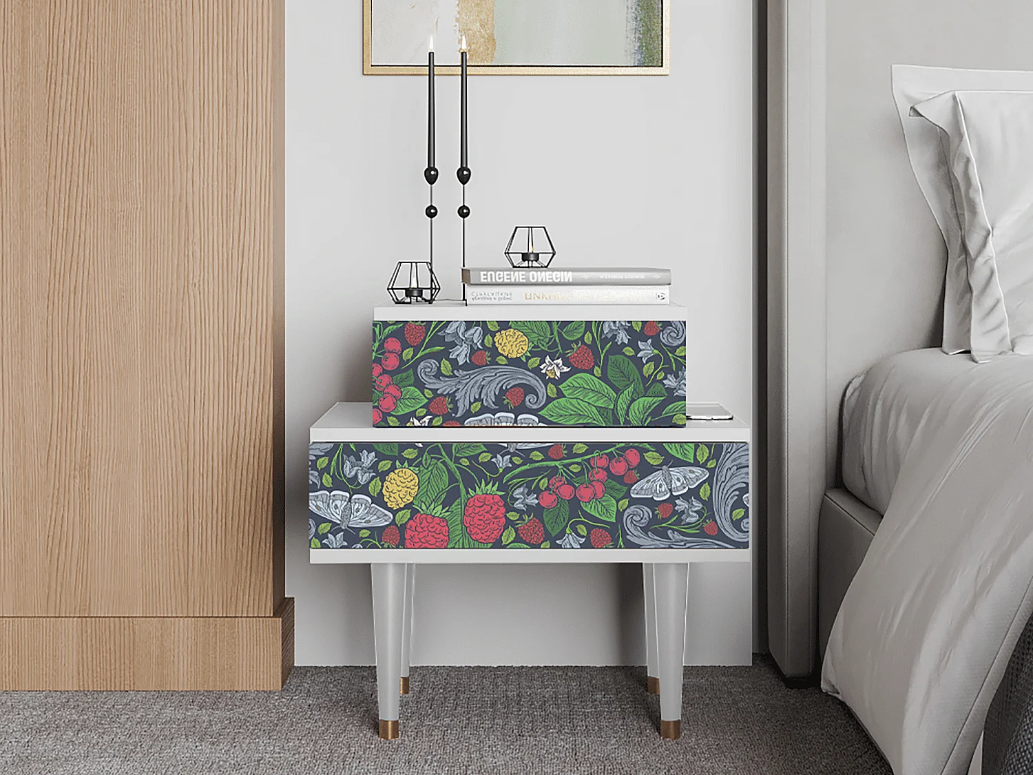 Stolik nocny - 58х58х41 cm - NS1 - Summer Berries, Biały