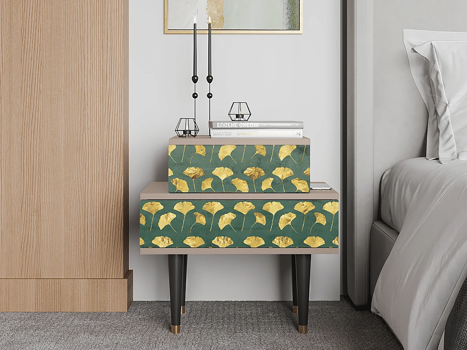 Table de nuit - 58х58х41 cm - NS1 - Gingko leaves, Latte