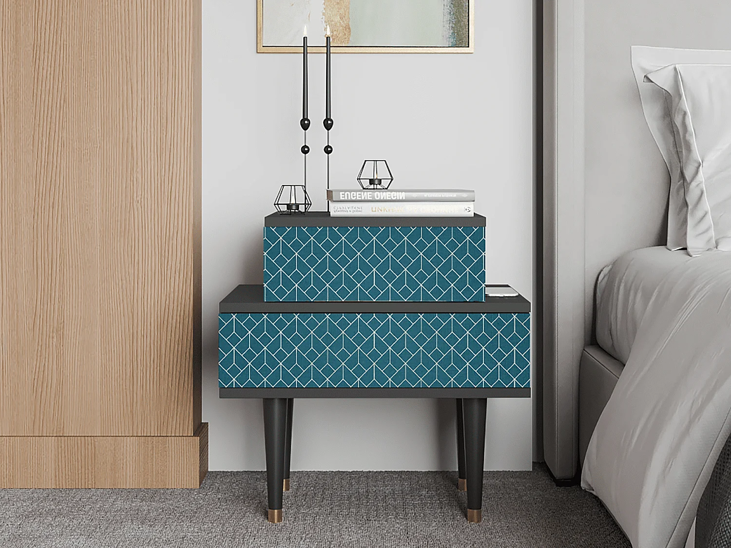 Stolik nocny - 58х58х41 cm - NS1 - Turquoise Geometry, Antracyt