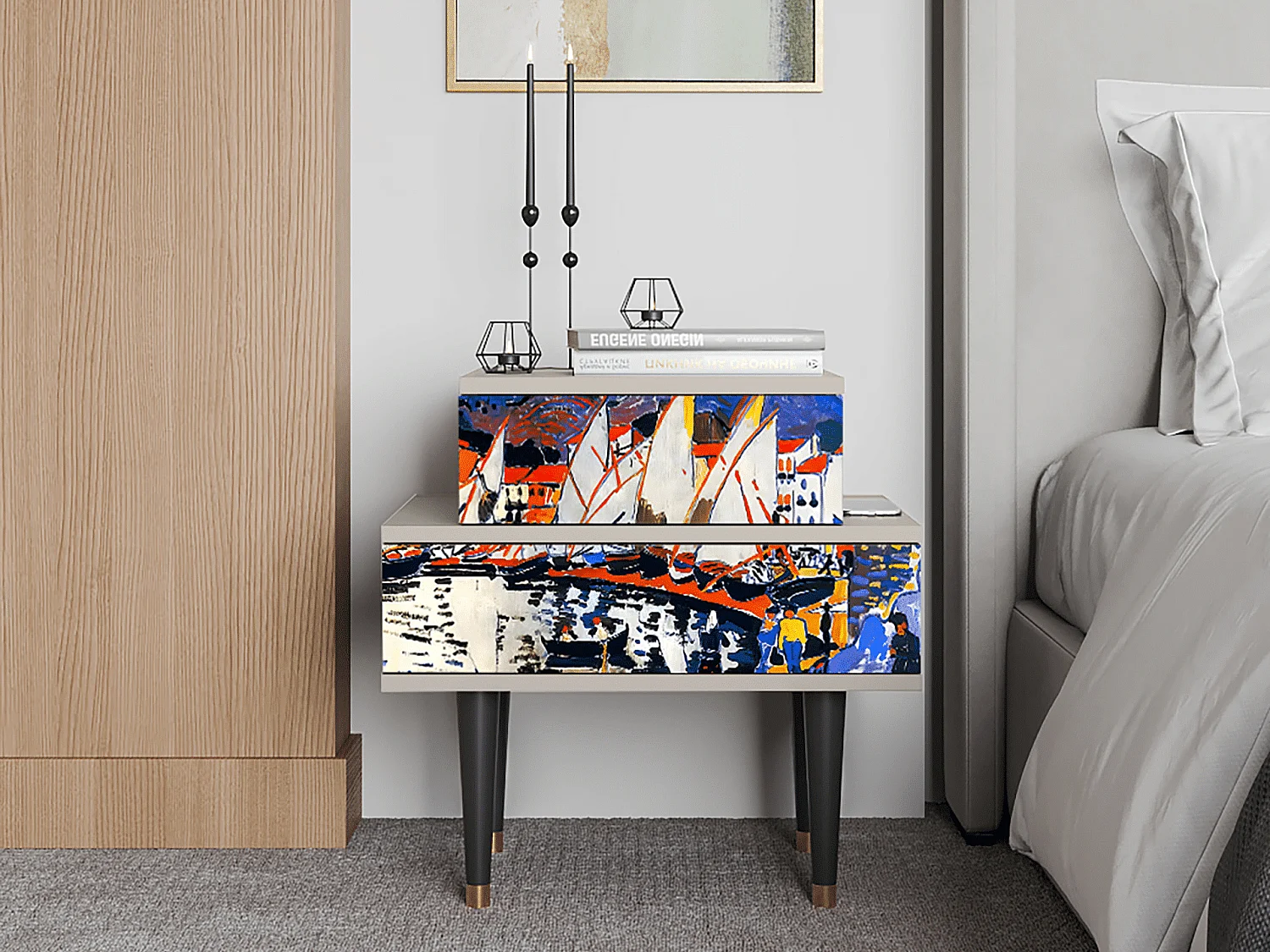 Stolik nocny - 58х58х41 cm - NS1 - Le Séchage des voiles , Piaskowy