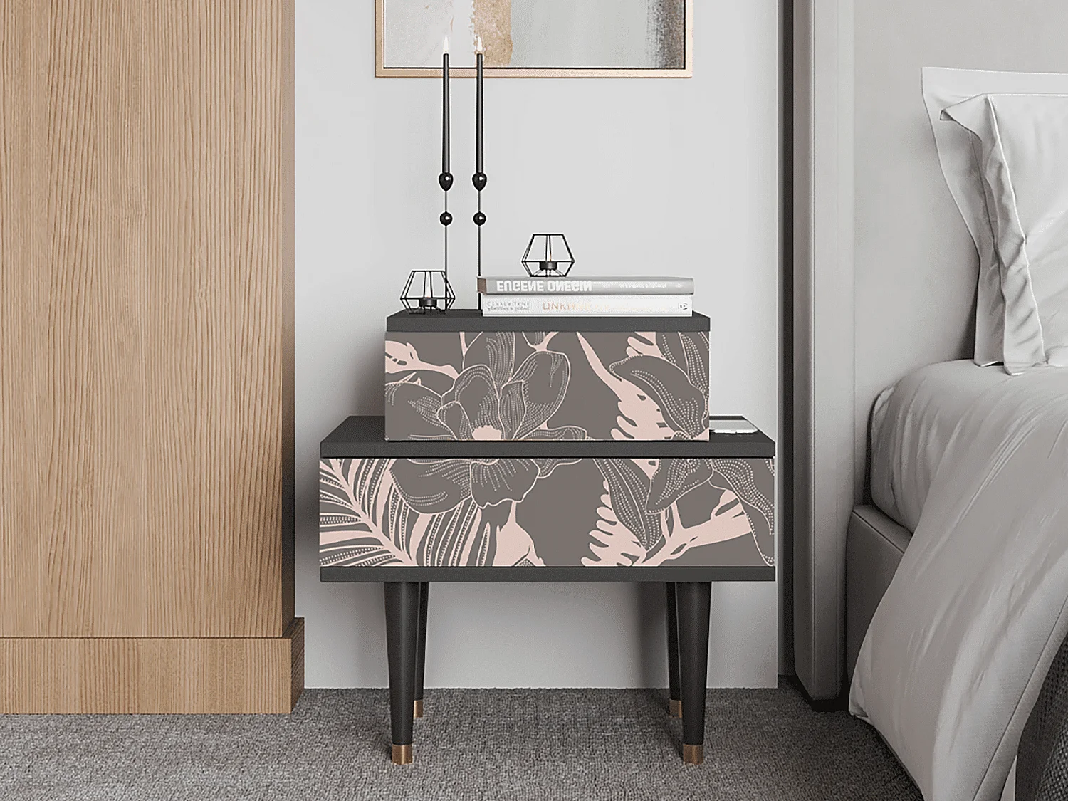 Stolik nocny - 58х58х41 cm - NS1 - Issabelline Flower, Antracyt