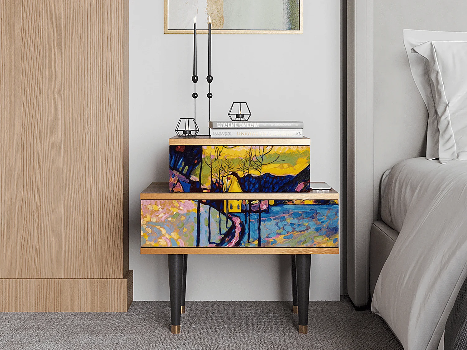 Stolik nocny - 58х58х41 cm - NS1 - Winter Landscape, Orzech