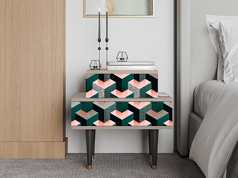 Stolik nocny - 58х58х41 cm - NS1 - Geometric Madness, Latte