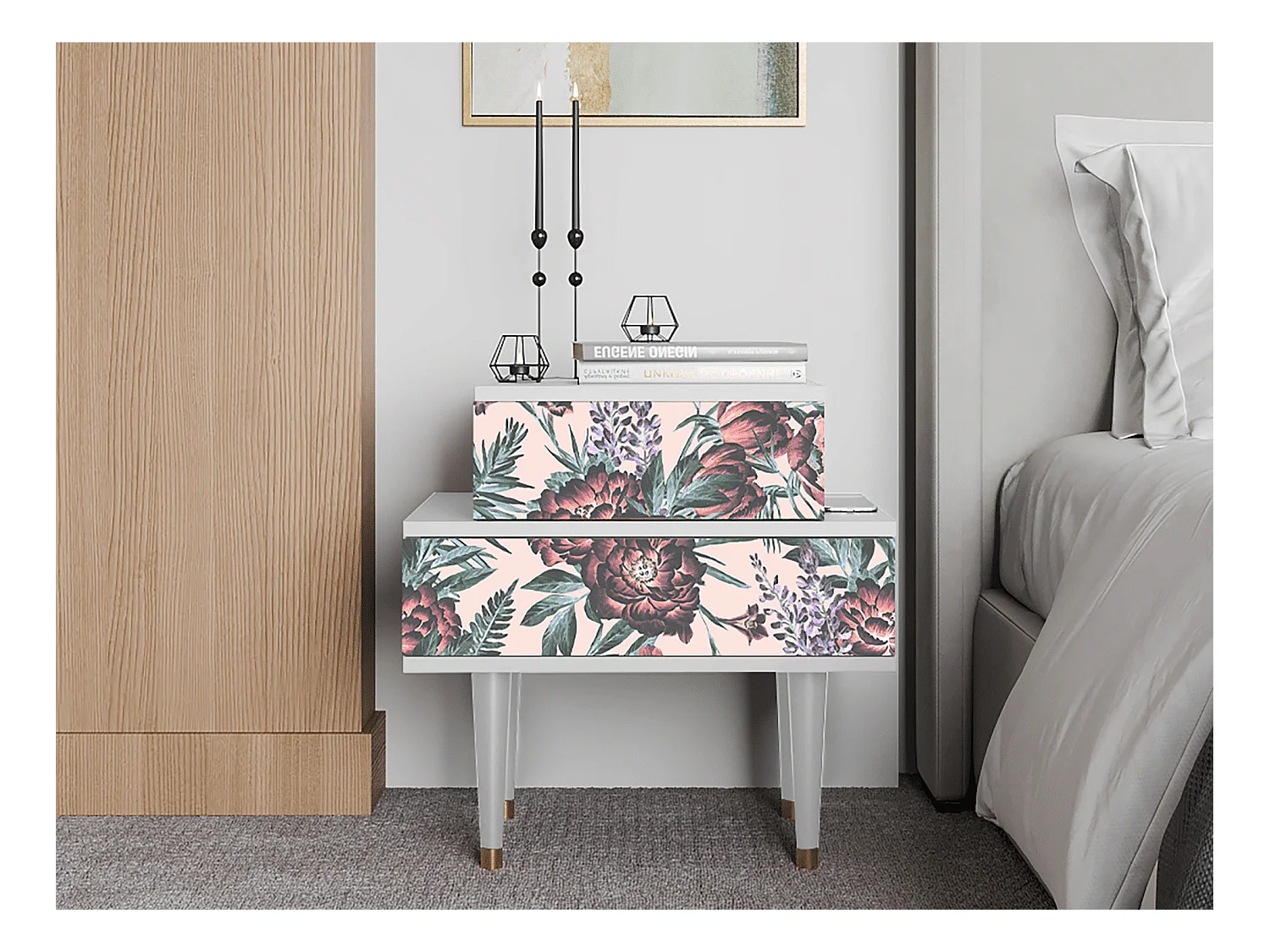 Table de nuit - 58х58х41 cm - NS1 - Peach Peonies, Blanc