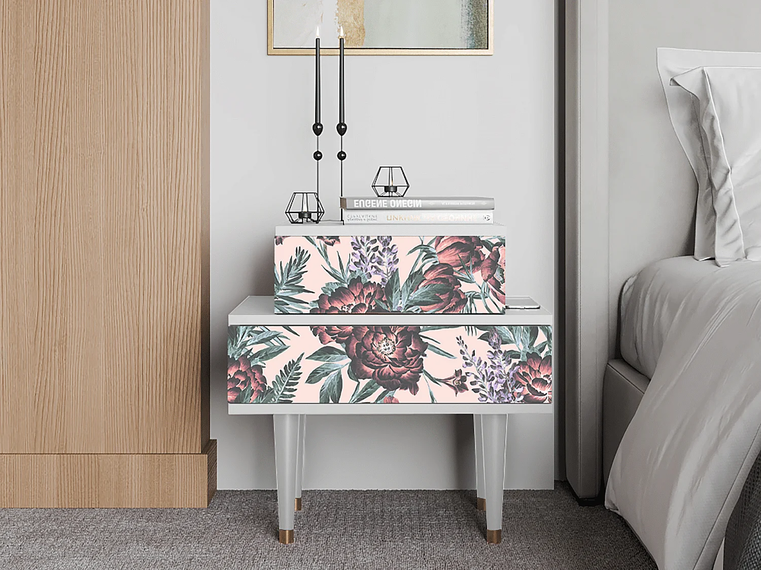 Nachtkastje - 58х58х41 cm - NS1 - Peach Peonies, Wit