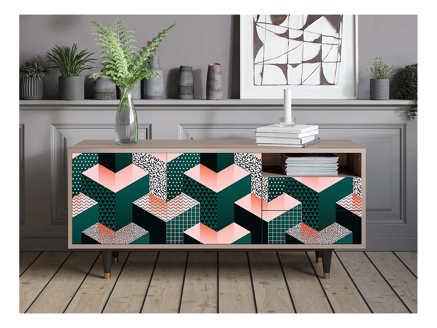 Meuble TV - 125х56х41 cm - T7 - Geometric Madness, Latte