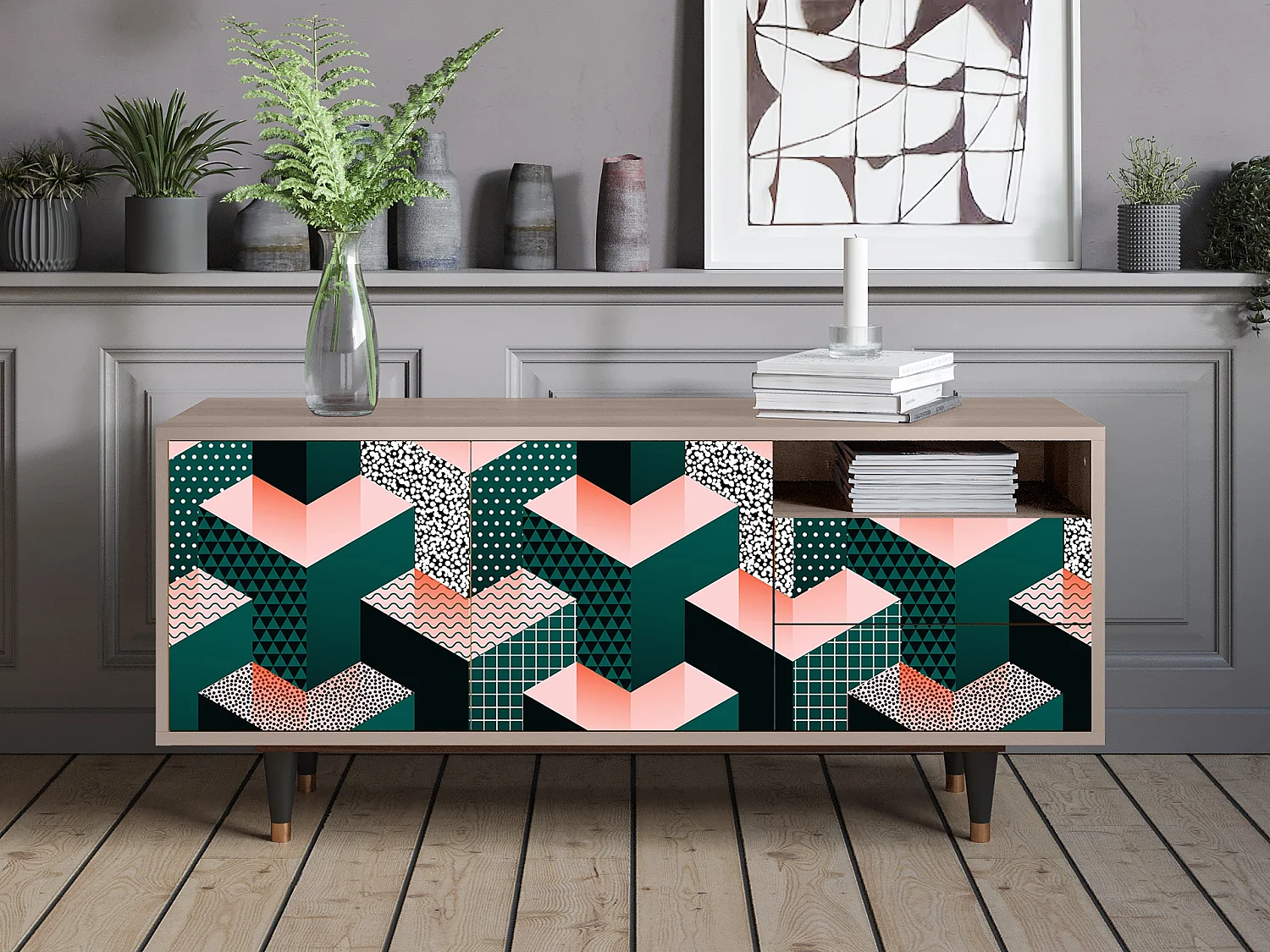 Mueble de TV - 125х56х41 cm - T7 - Geometric Madness, Latte