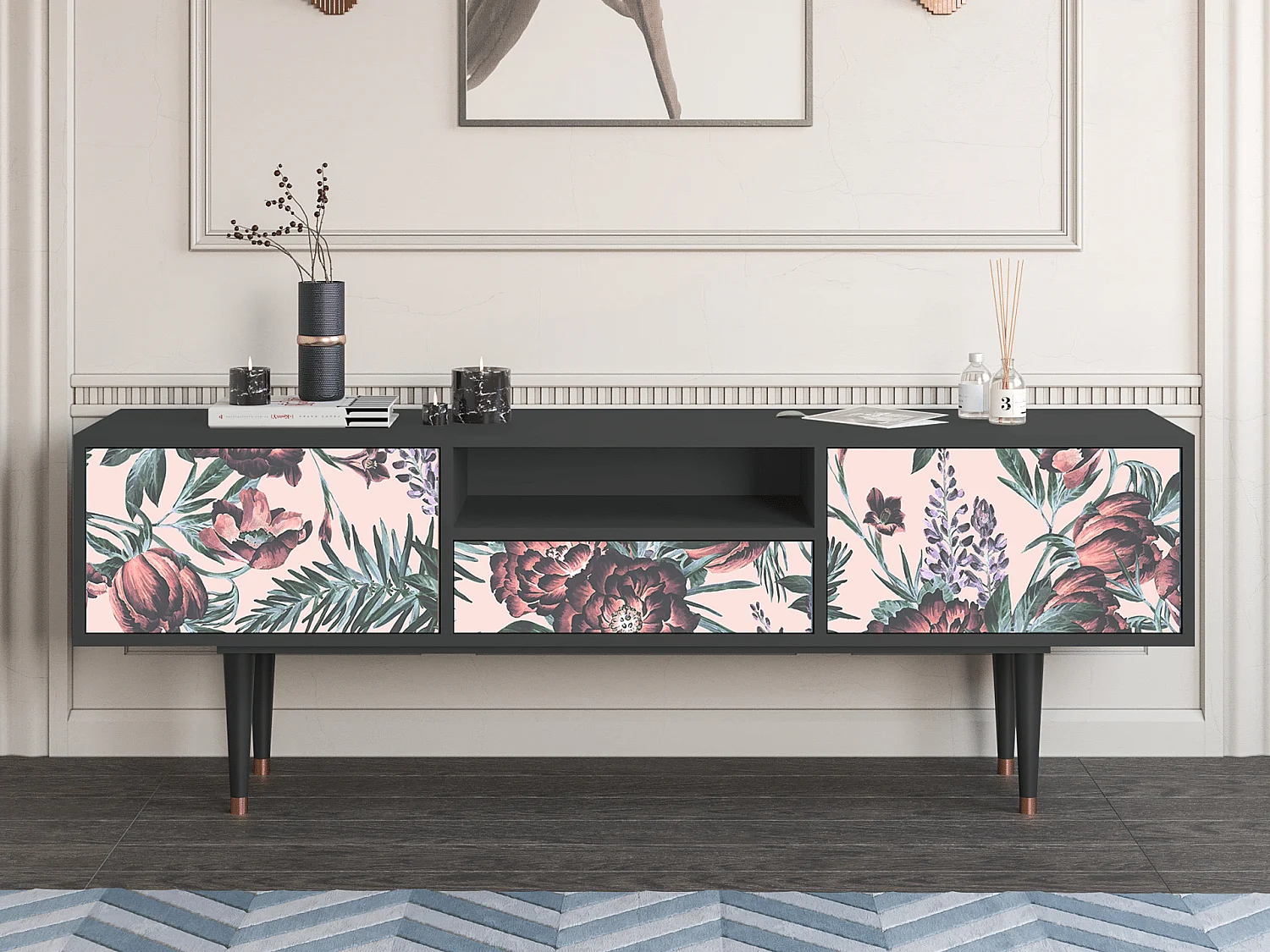 TV-meubel - 170х59х41 cm - T6 - Peach Peonies, Antraciet