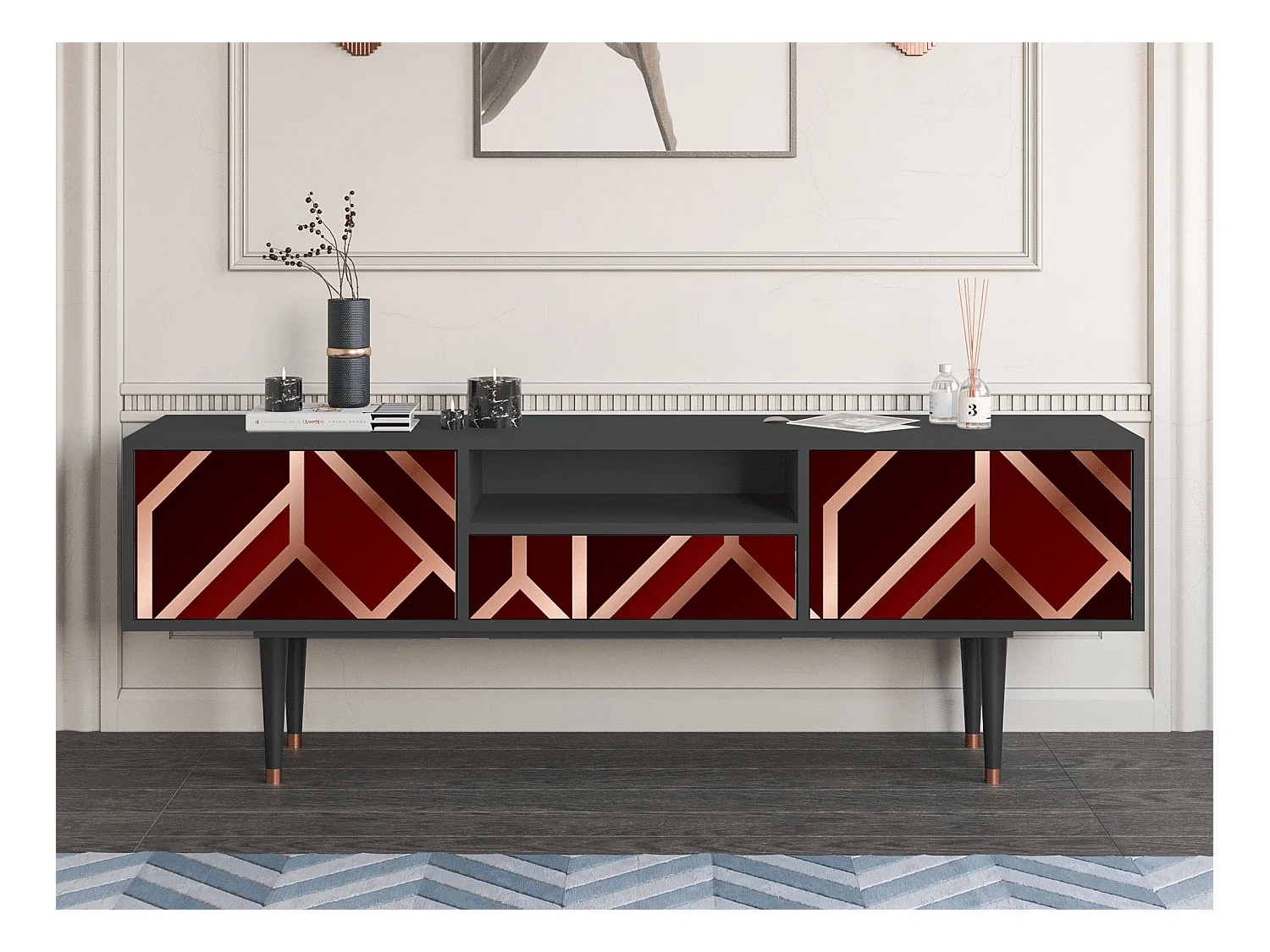 Meuble TV - 170х59х41 cm - T6 - Velvet 1920's, Anthracite