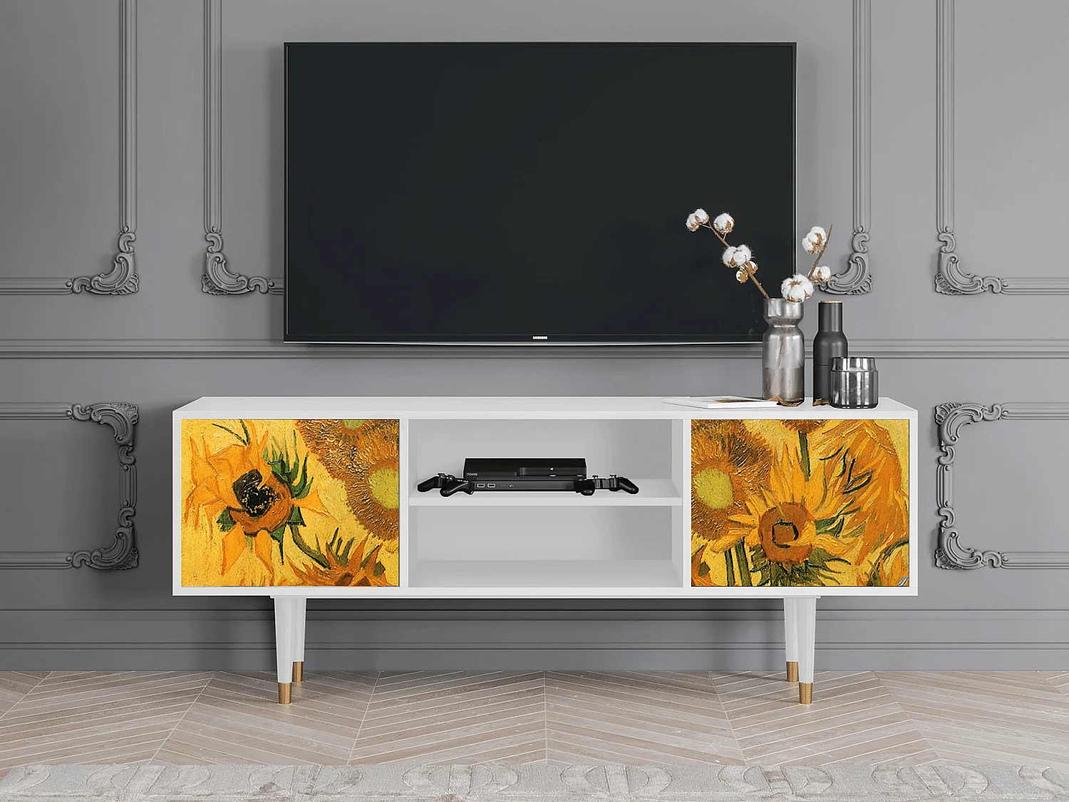 Mobile TV - 170х69х48 cm - T2 - Sunflowers, Bianco