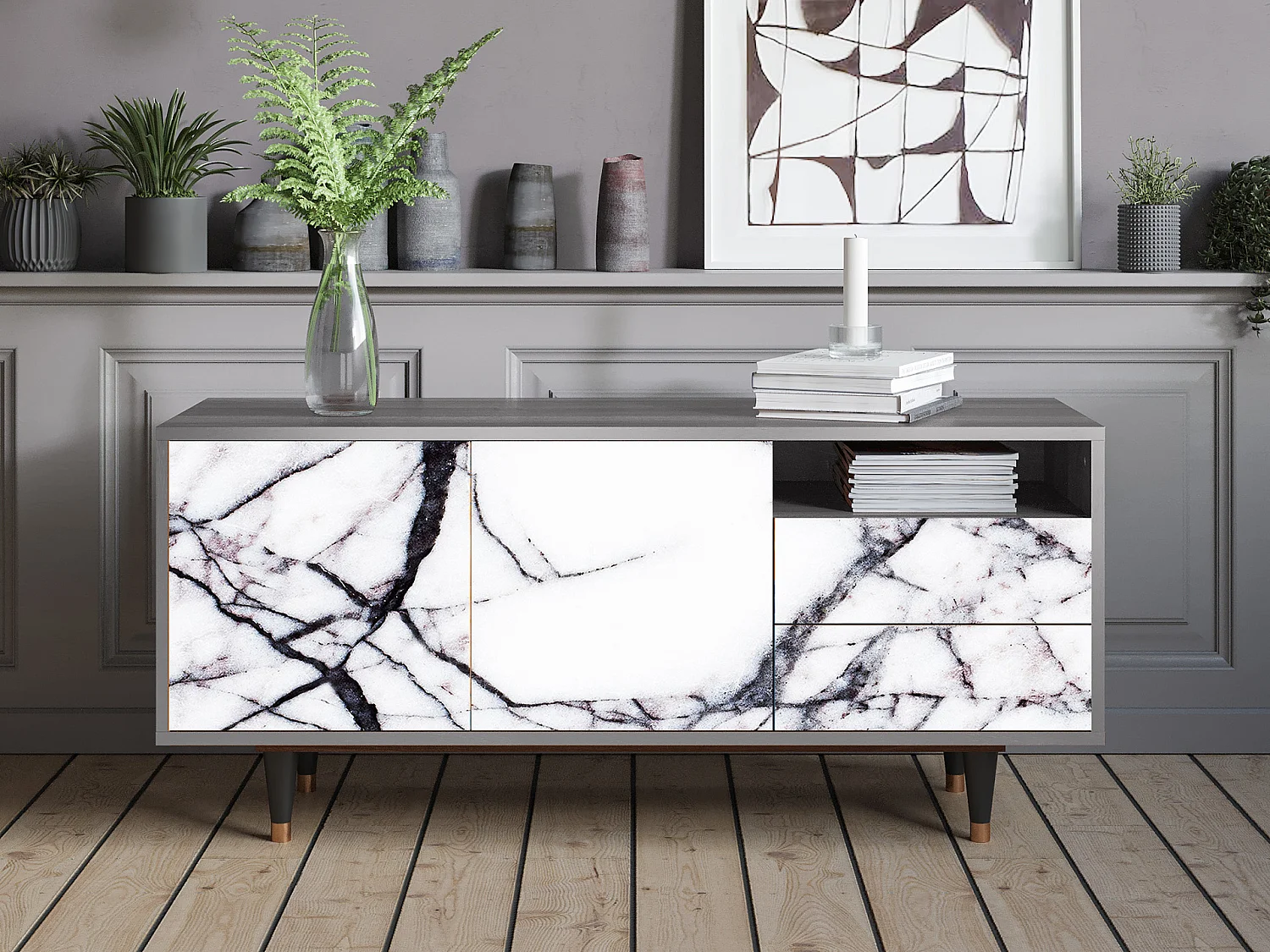 Mobile TV - 125х56х41 cm - T7 - Raven Marble, Grigio