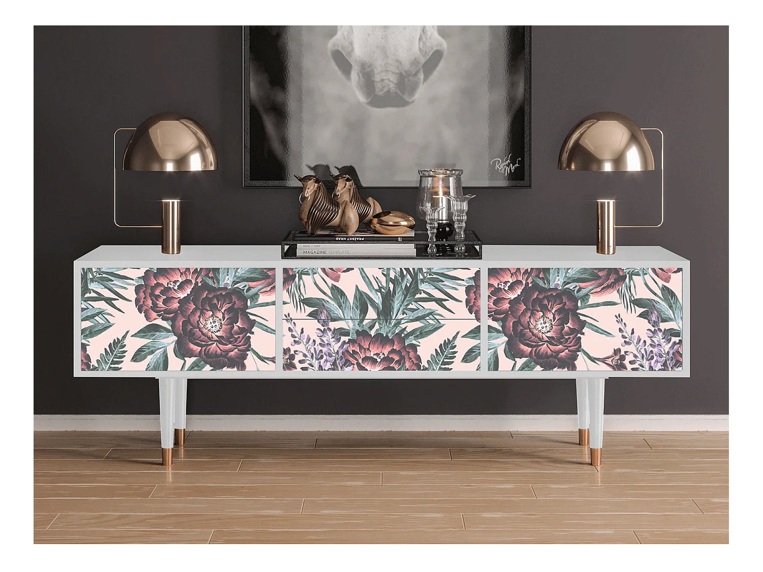 TV-meubel - 170х59х48 cm - T4 - Peach Peonies, Wit