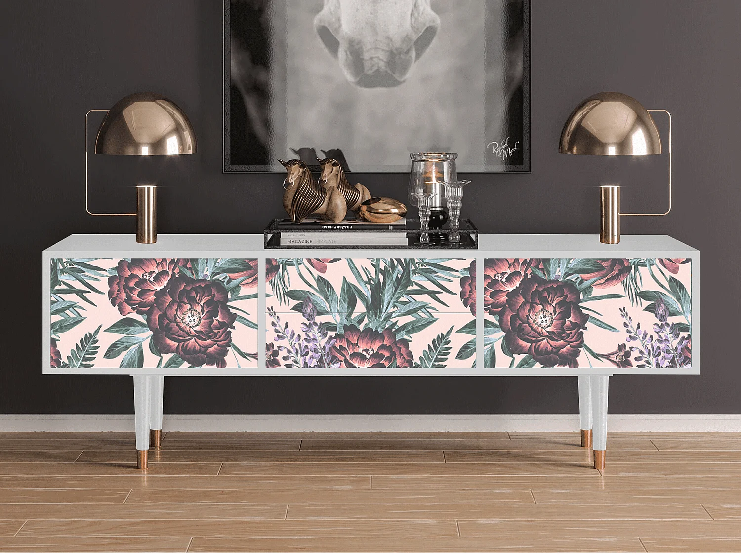 Mobile TV - 170х59х48 cm - T4 - Peach Peonies, Bianco