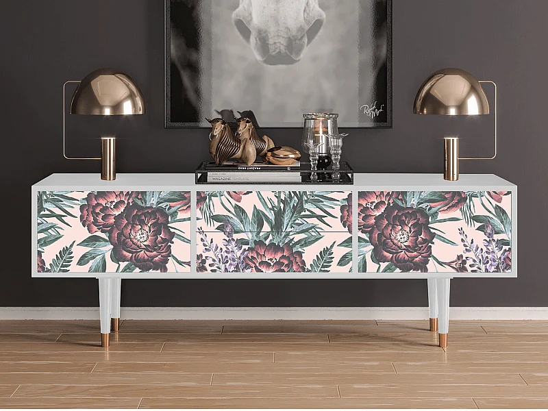 Mobile TV - 170х59х48 cm - T4 - Peach Peonies, Bianco