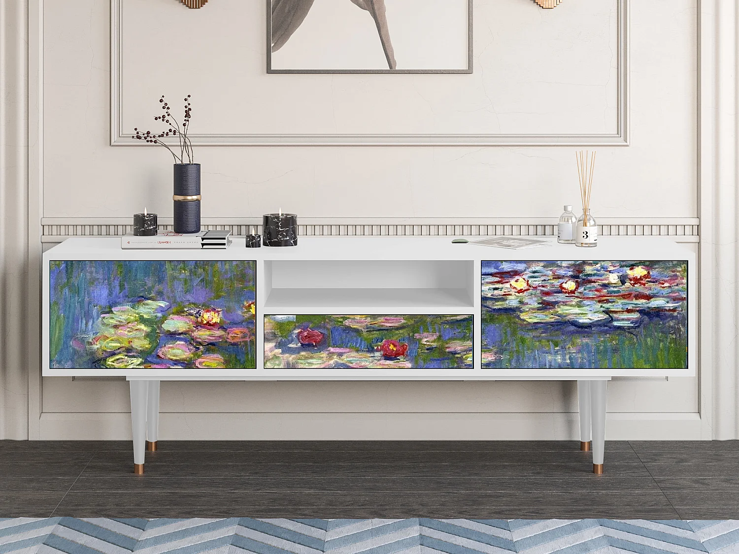 Szafka RTV - 170х59х41 cm - T6 - The water lily pond  , Biały