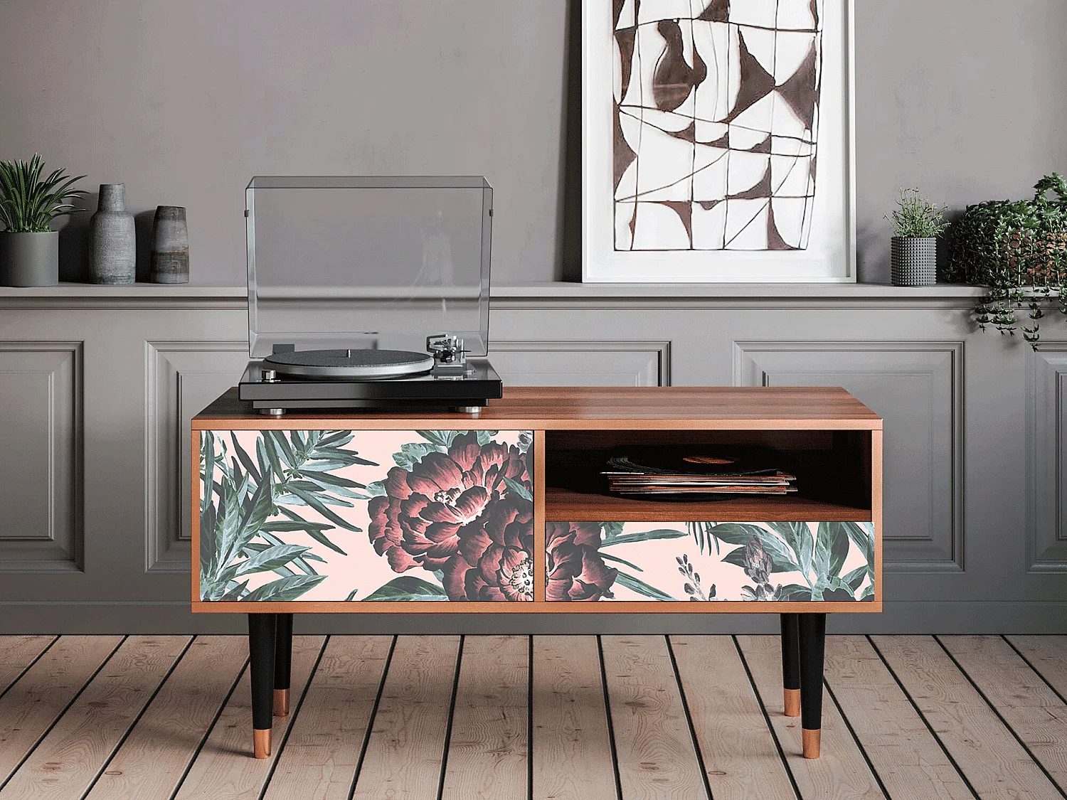 Mueble de TV - 115х59х48 cm - T3 - Peach Peonies, Nogueira