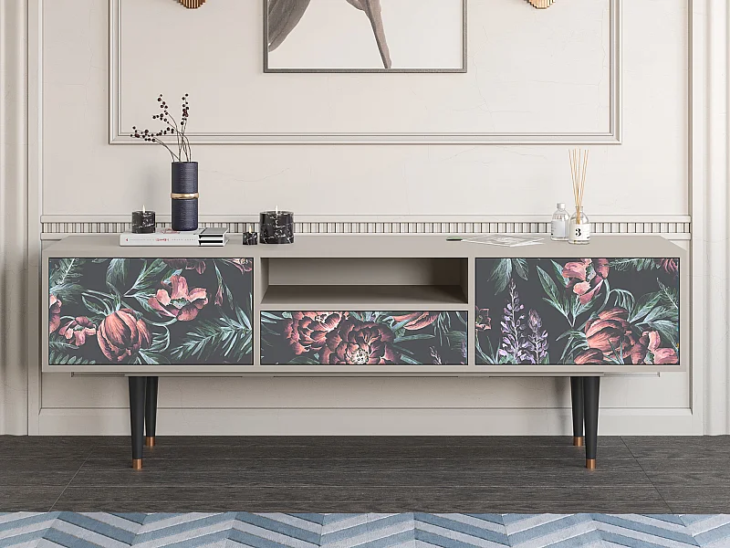 Szafka RTV - 170х59х41 cm - T6 - Dark Peonies, Piaskowy