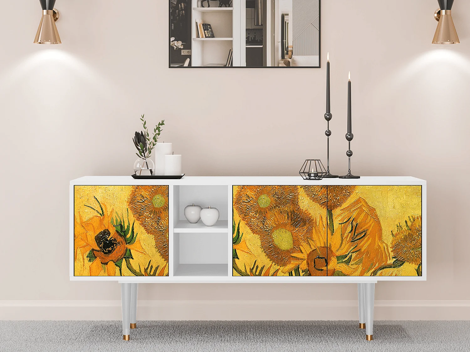 Meuble TV - 150х69х41 cm - T5 - Sunflowers, Blanc