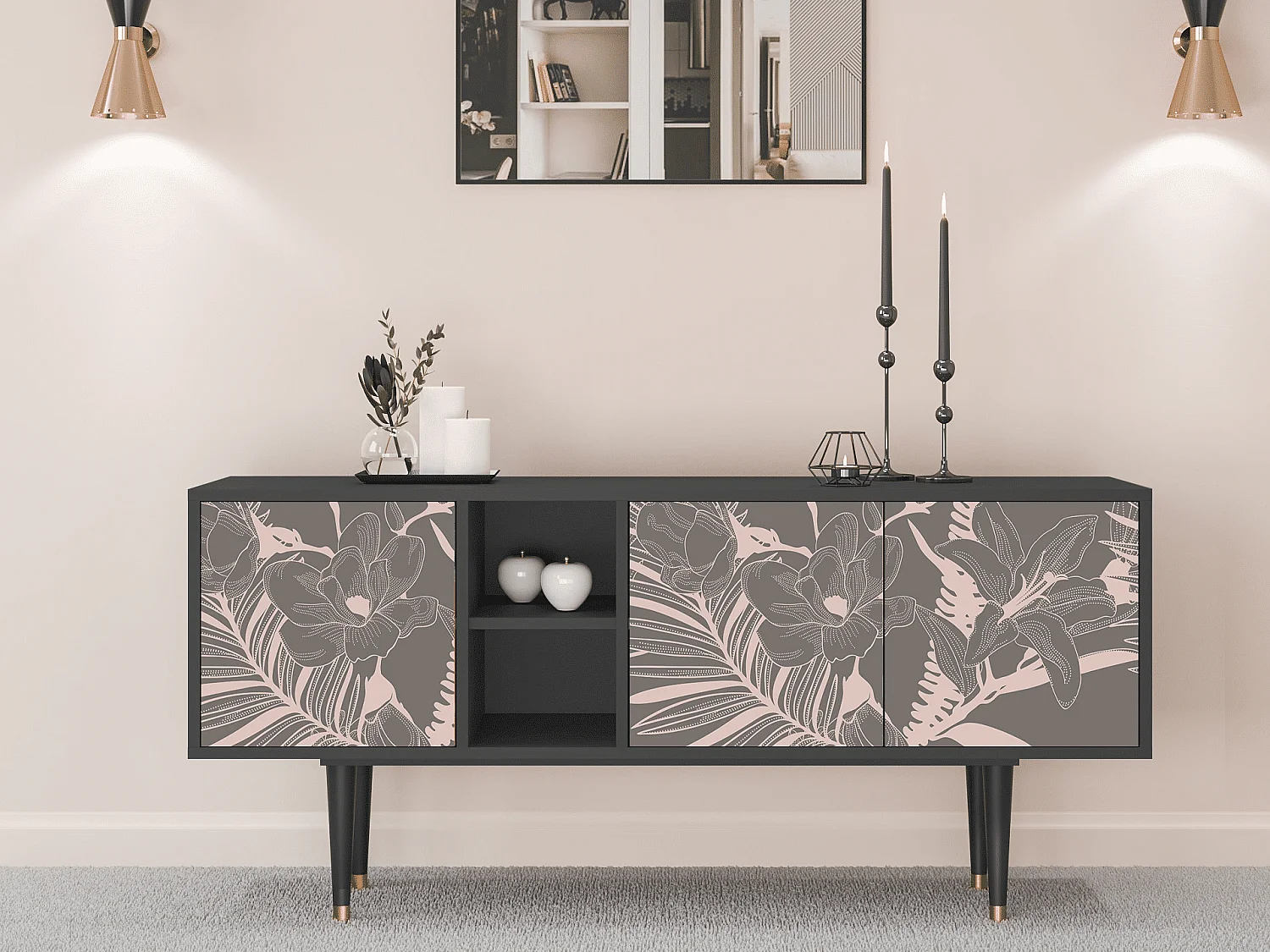 Meuble TV - 150х69х41 cm - T5 - Issabelline Flower, Anthracite