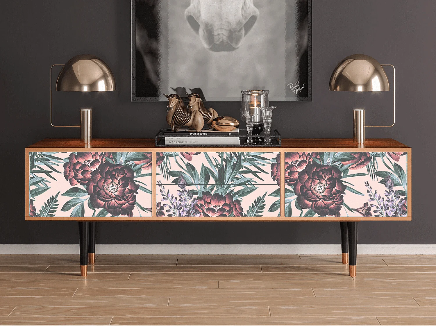 Meuble TV - 170х59х48 cm - T4 - Peach Peonies, Noyer