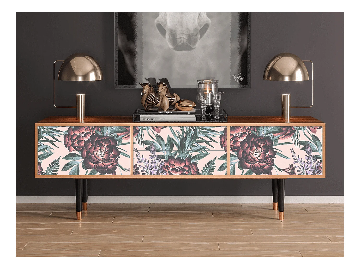 Meuble TV - 170х59х48 cm - T4 - Peach Peonies, Noyer