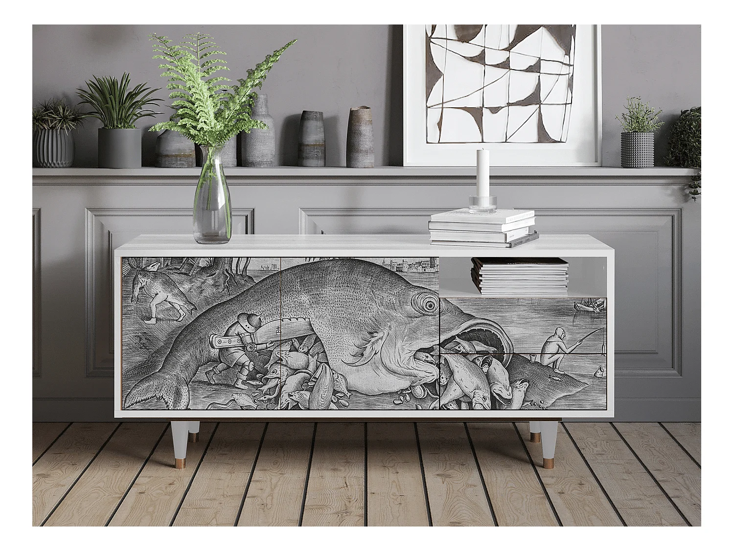 Szafka RTV - 125х56х41 cm - T7 - Big Fish Eat Little, Biały