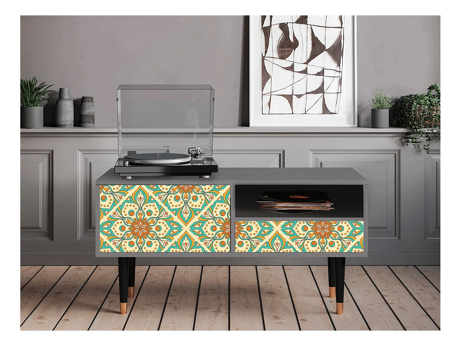Meuble TV - 115х59х48 cm - T3 - Hindu Daisy, Gris