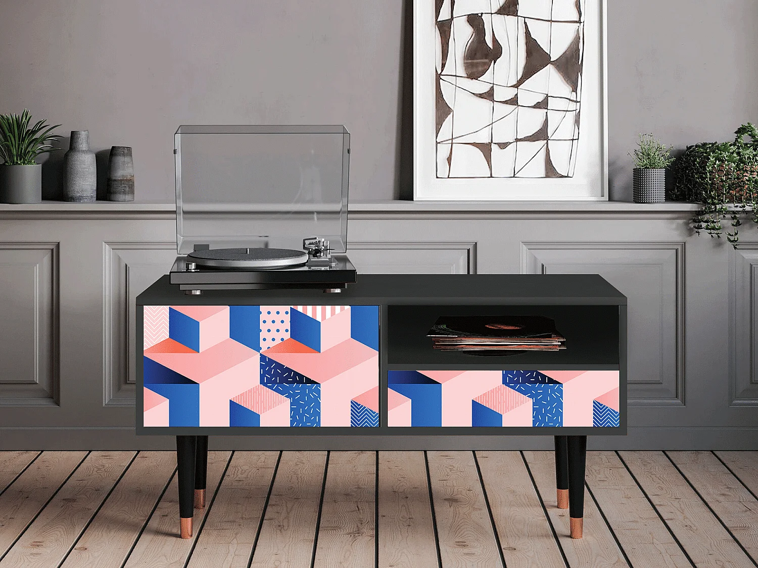 Szafka RTV - 115х59х48 cm - T3 - Pinky Squares, Antracyt