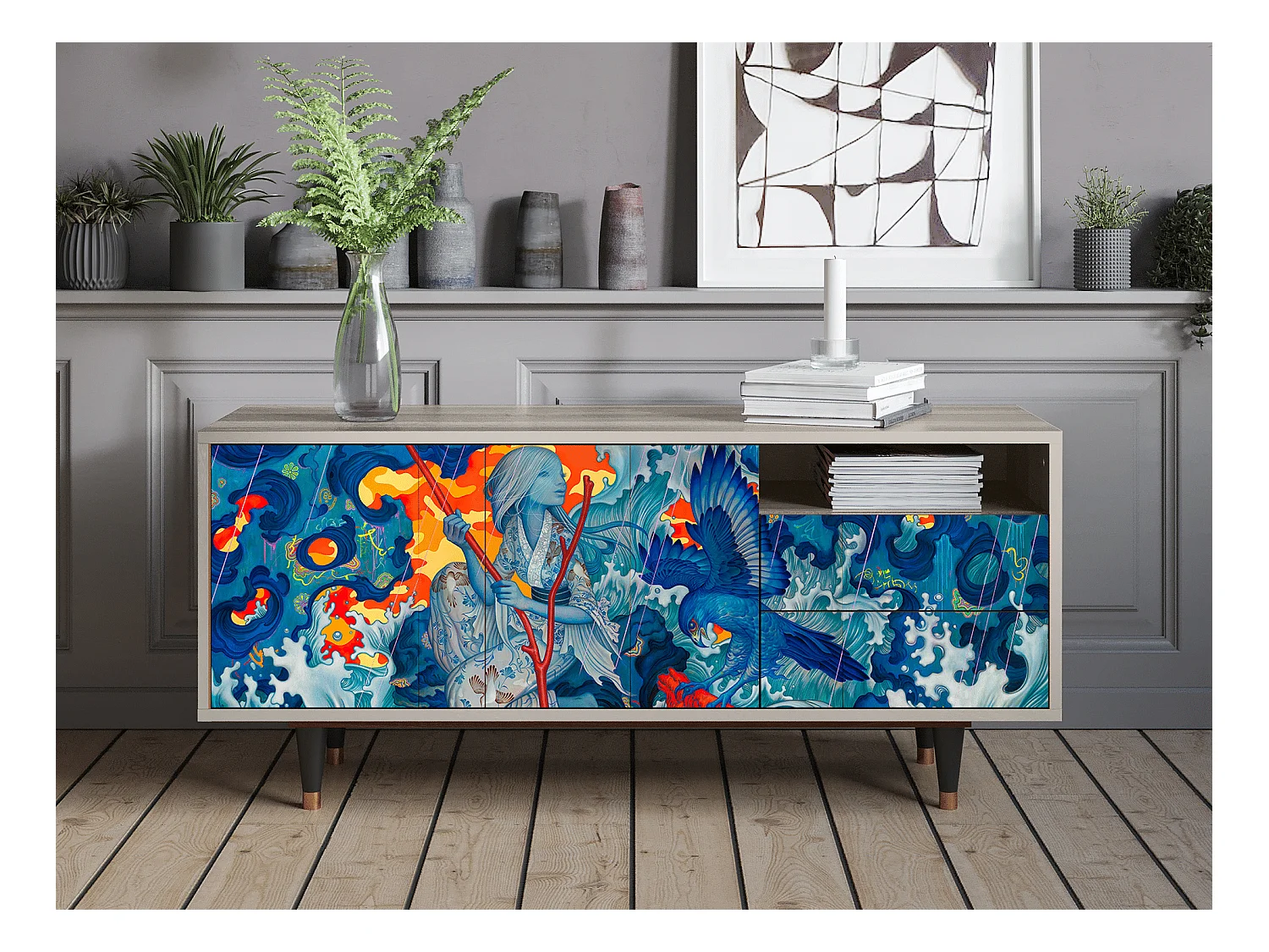 Szafka RTV - 125х56х41 cm - T7 - The Girl - James Jean, Piaskowy
