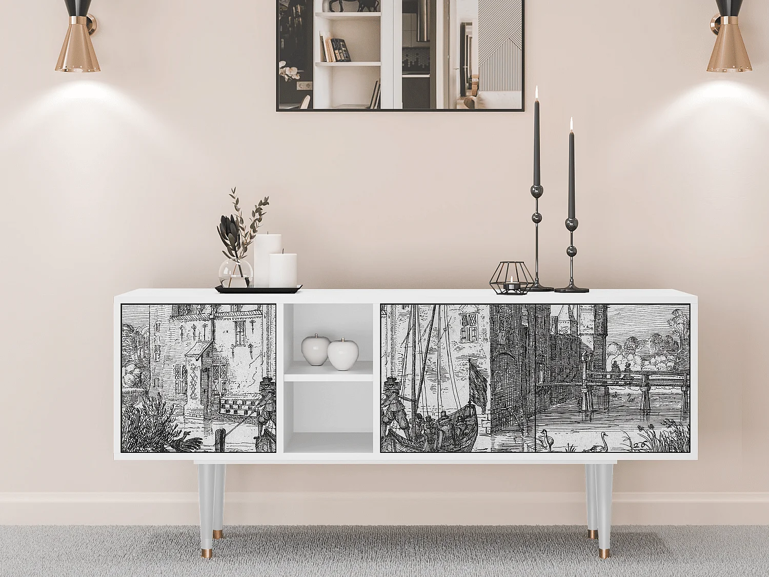 Mueble de TV - 150х69х41 cm - T5 - Castle with Bridge, Branco