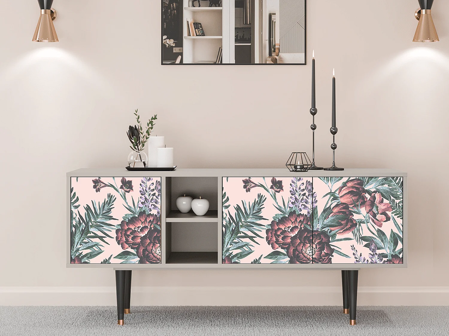 Meuble TV - 150х69х41 cm - T5 - Peach Peonies, Sable