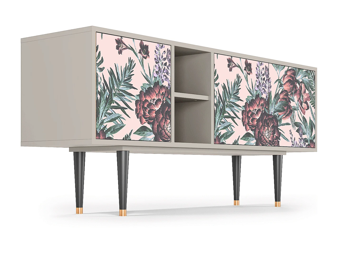 Szafka RTV - 150х69х41 cm - T5 - Peach Peonies, Piaskowy