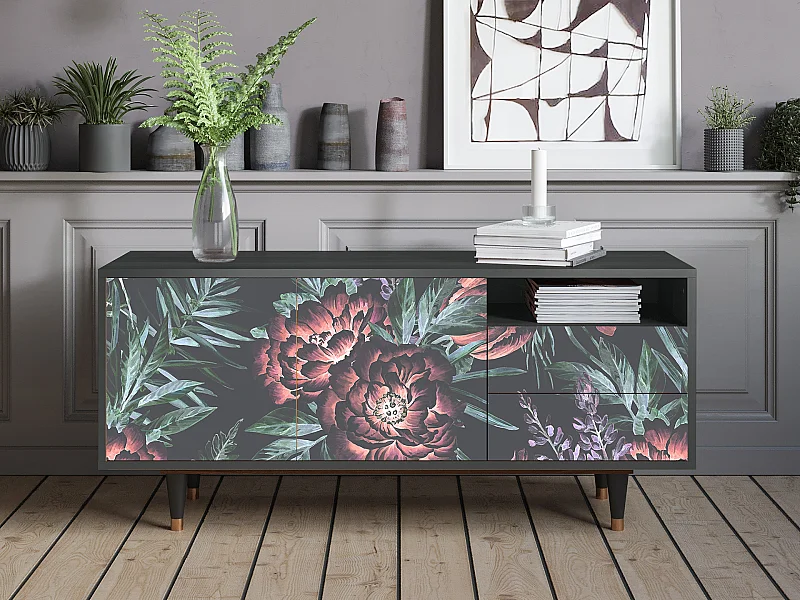 Meuble TV - 125х56х41 cm - T7 - Dark Peonies, Anthracite