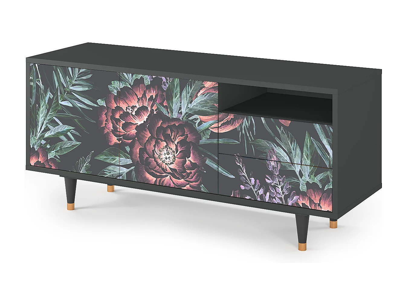 Szafka RTV - 125х56х41 cm - T7 - Dark Peonies, Antracyt
