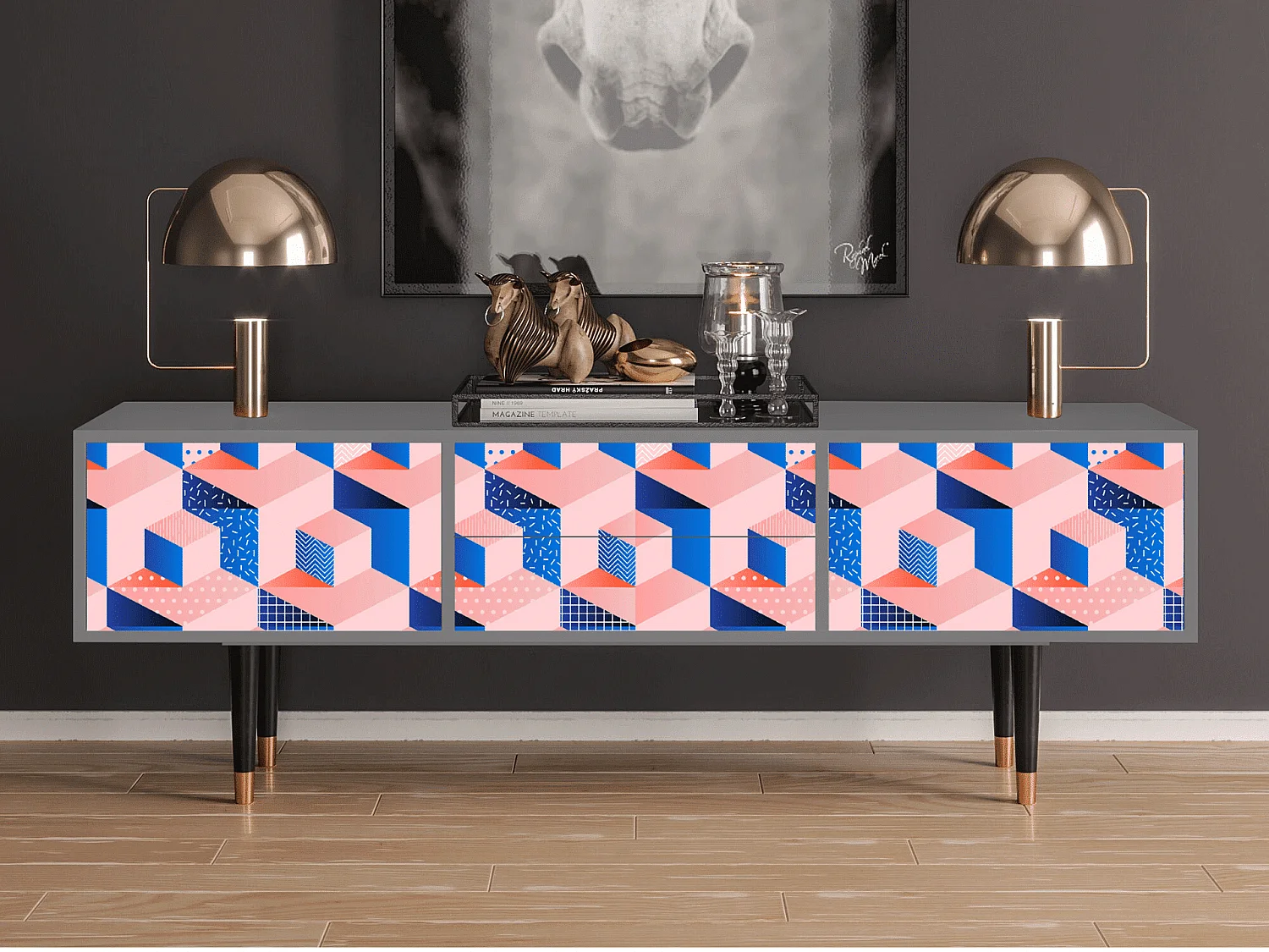 Meuble TV - 170х59х48 cm - T4 - Pinky Squares, Gris