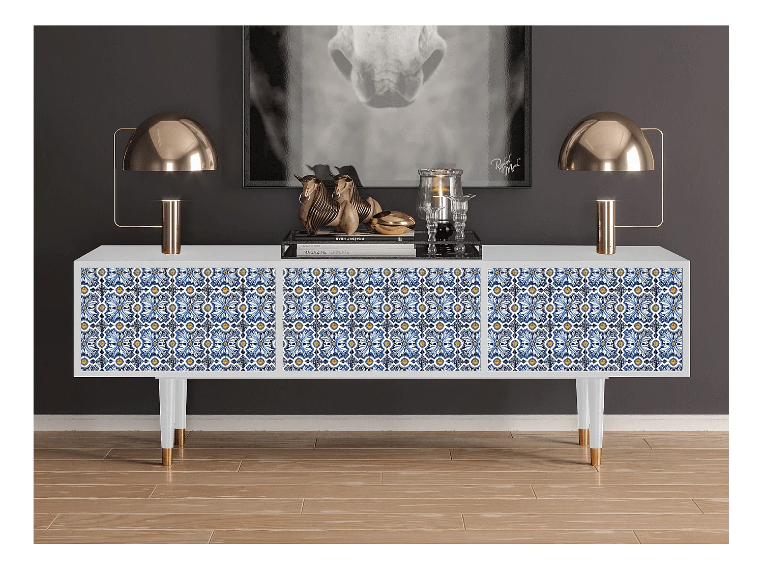 Meuble TV - 170х59х48 cm - T4 - Lovely Cornflowers, Blanc
