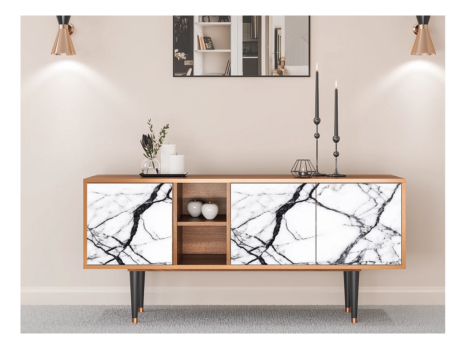 Meuble TV - 150х69х41 cm - T5 - Raven Marble, Noyer