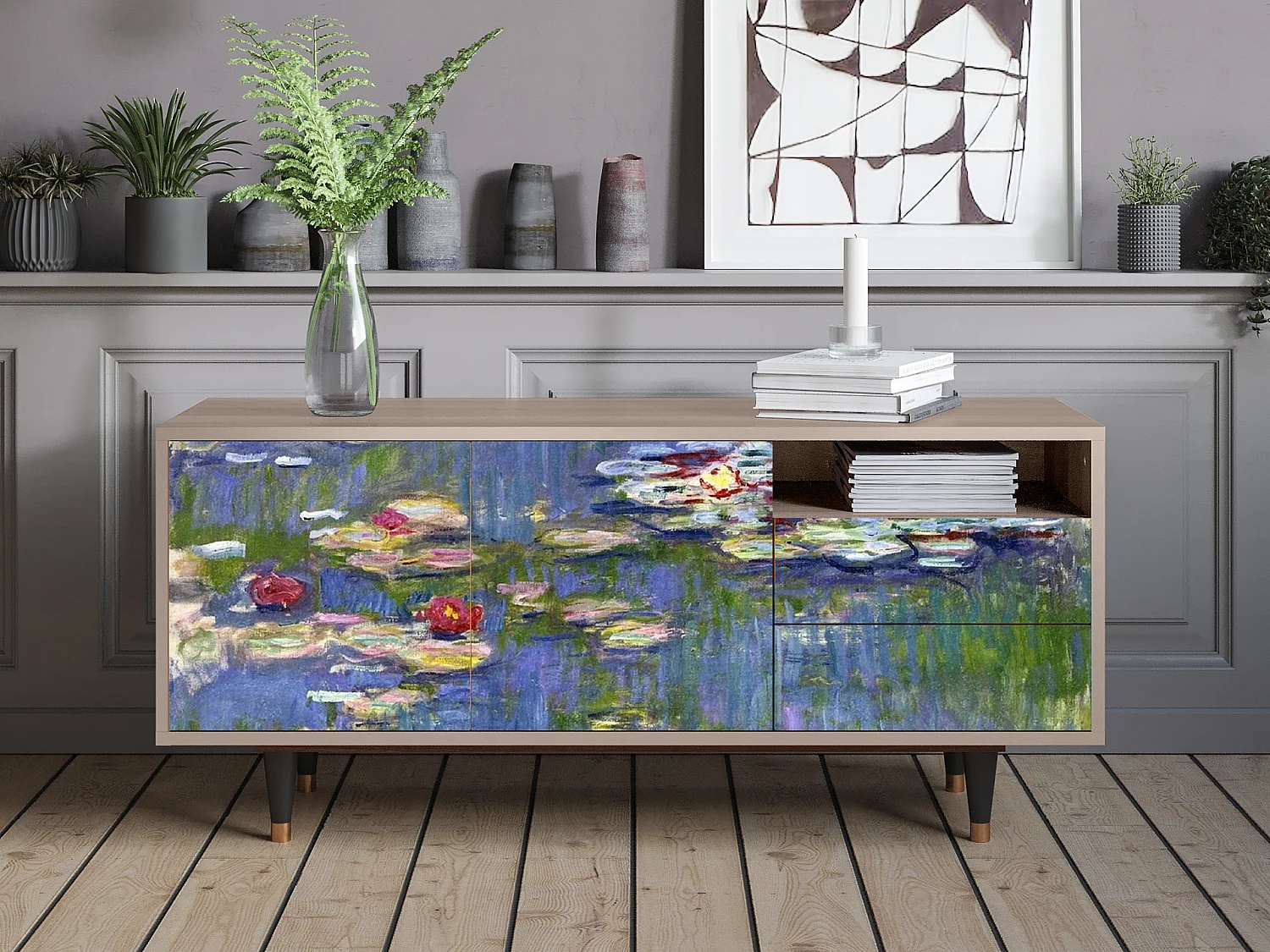 Szafka RTV - 125х56х41 cm - T7 - The water lily pond  , Latte