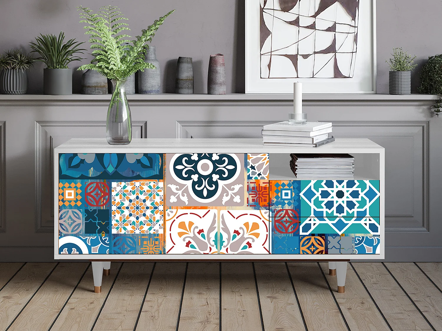 Meuble TV - 125х56х41 cm - T7 - Moroccan Market, Blanc