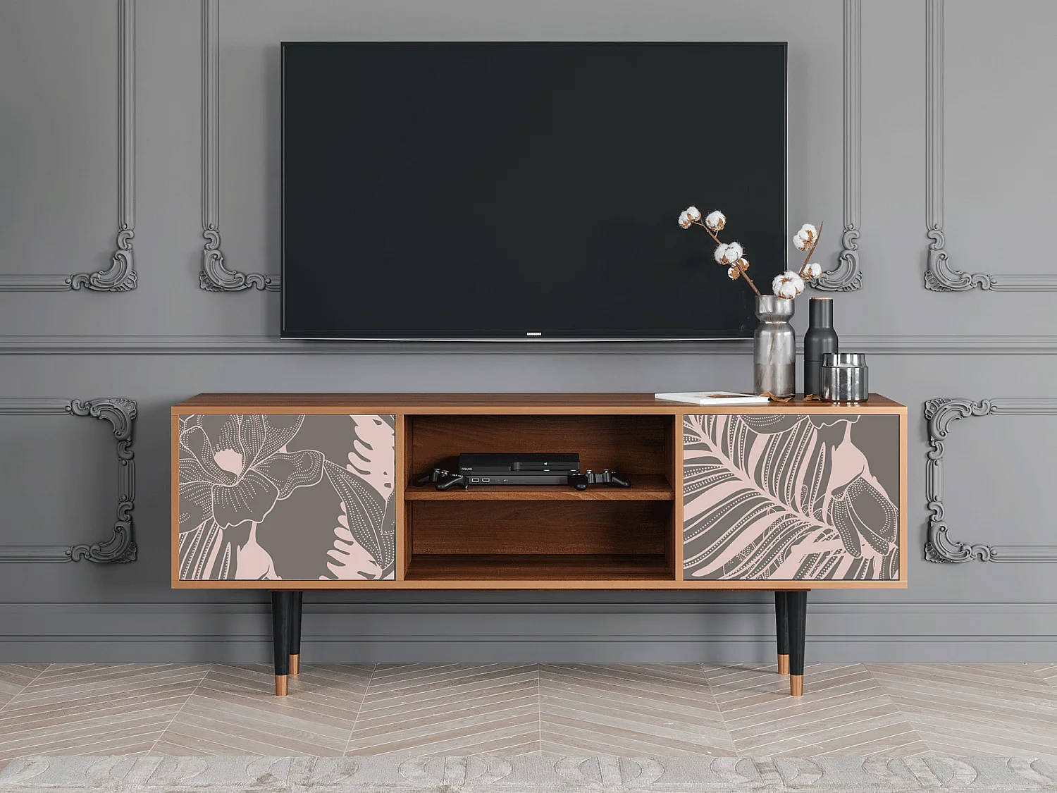 Meuble TV - 170х69х48 cm - T2 - Issabelline Flower, Noyer