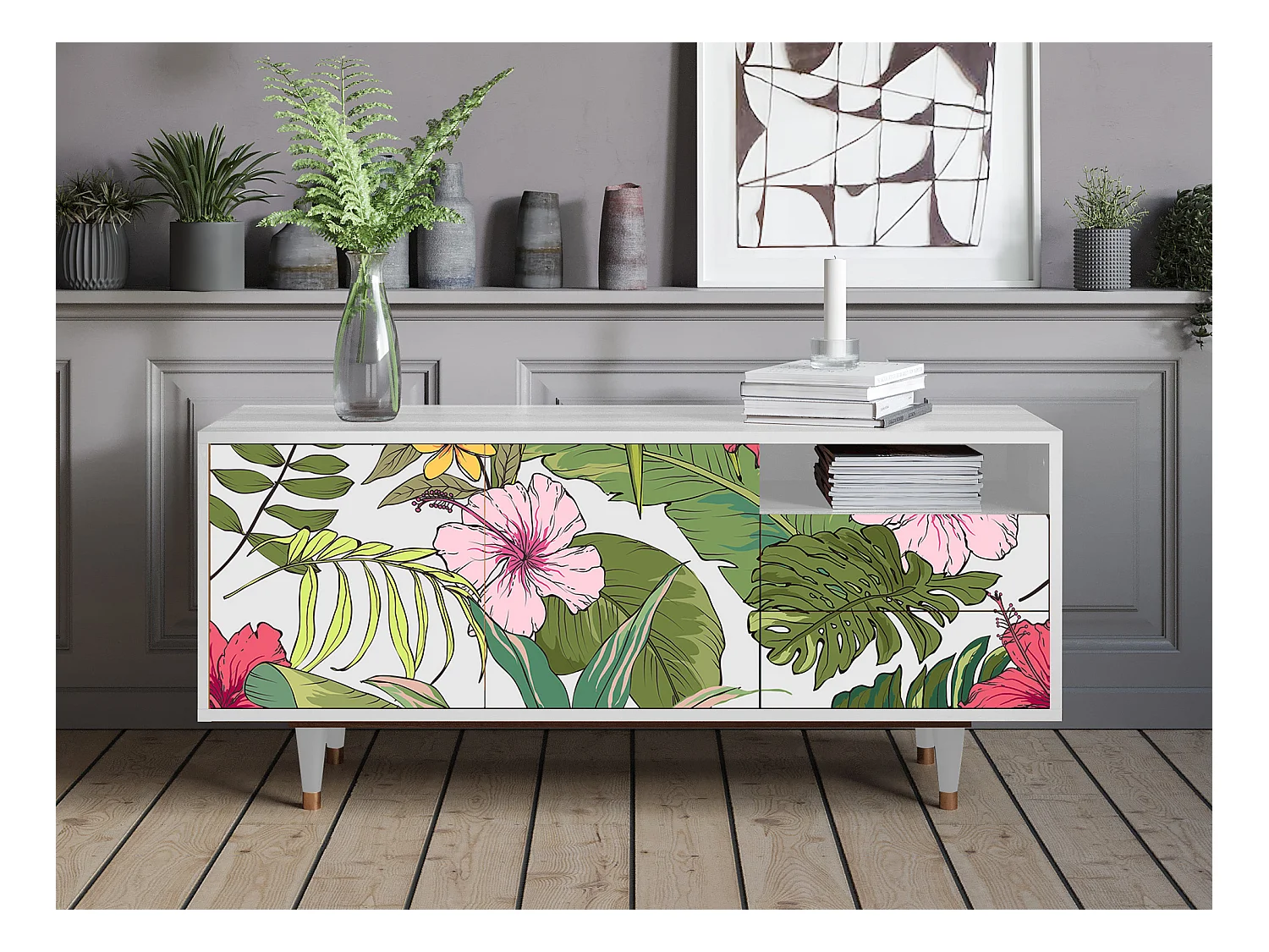 Meuble TV - 125х56х41 cm - T7 - Verdant Tropics, Blanc