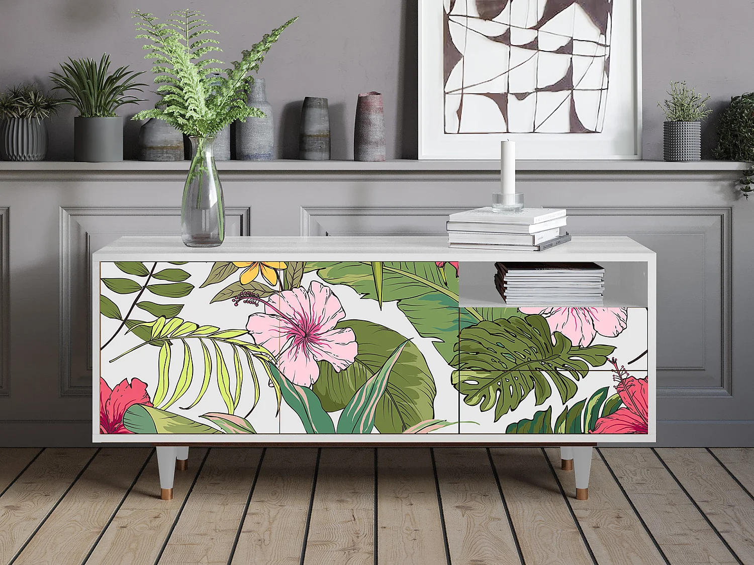 Meuble TV - 125х56х41 cm - T7 - Verdant Tropics, Blanc