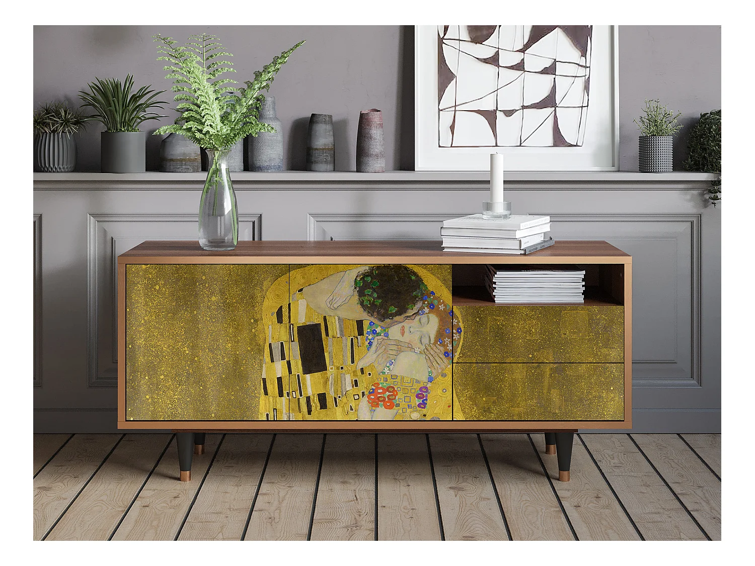 Meuble TV - 125х56х41 cm - T7 - The Kiss by Klimt , Noyer