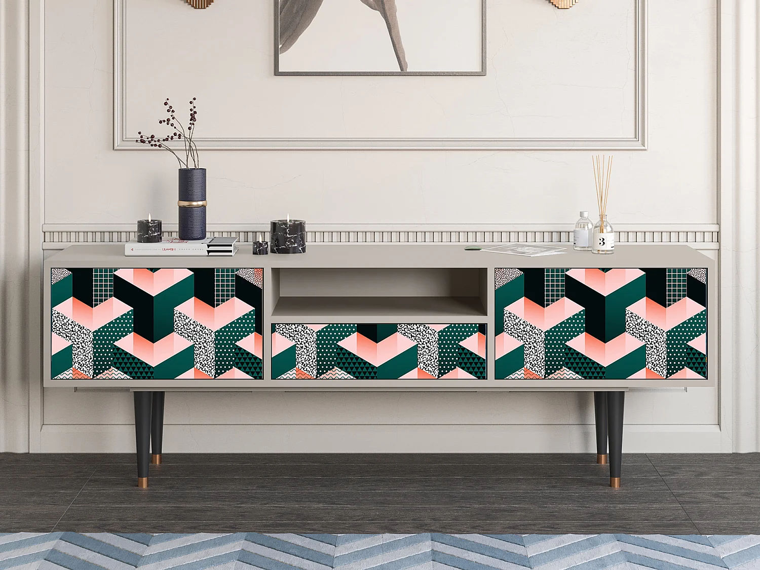 Szafka RTV - 170х59х41 cm - T6 - Geometric Madness, Piaskowy