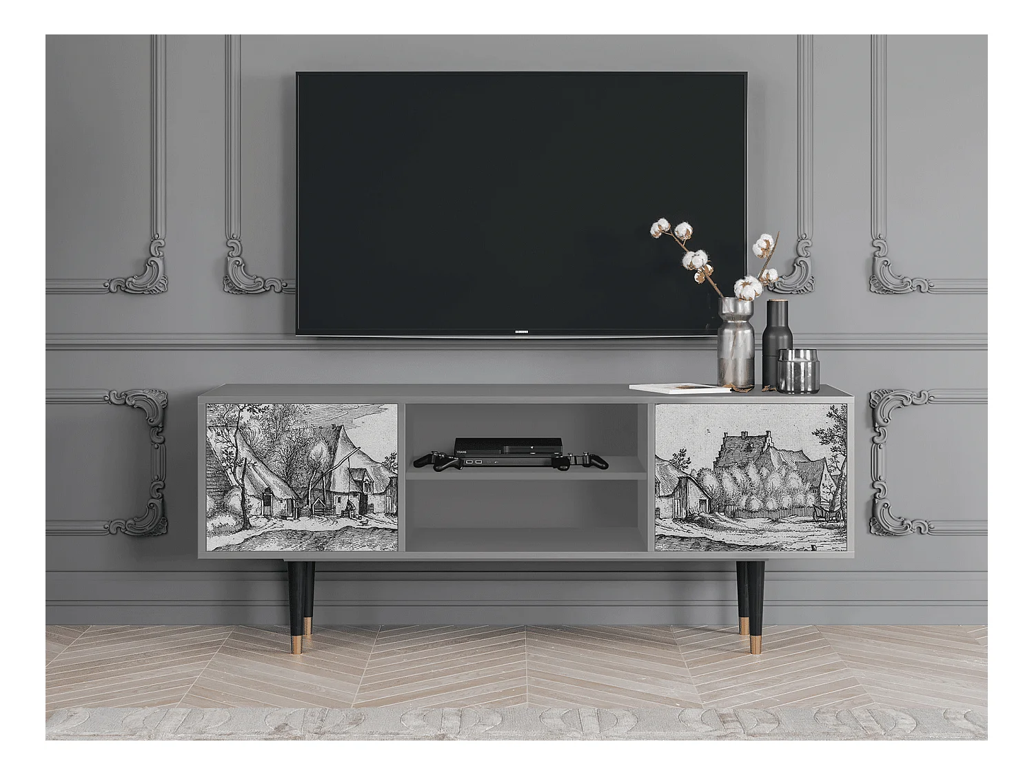 Meuble TV - 170х69х48 cm - T2 - Farms in a Village, Gris