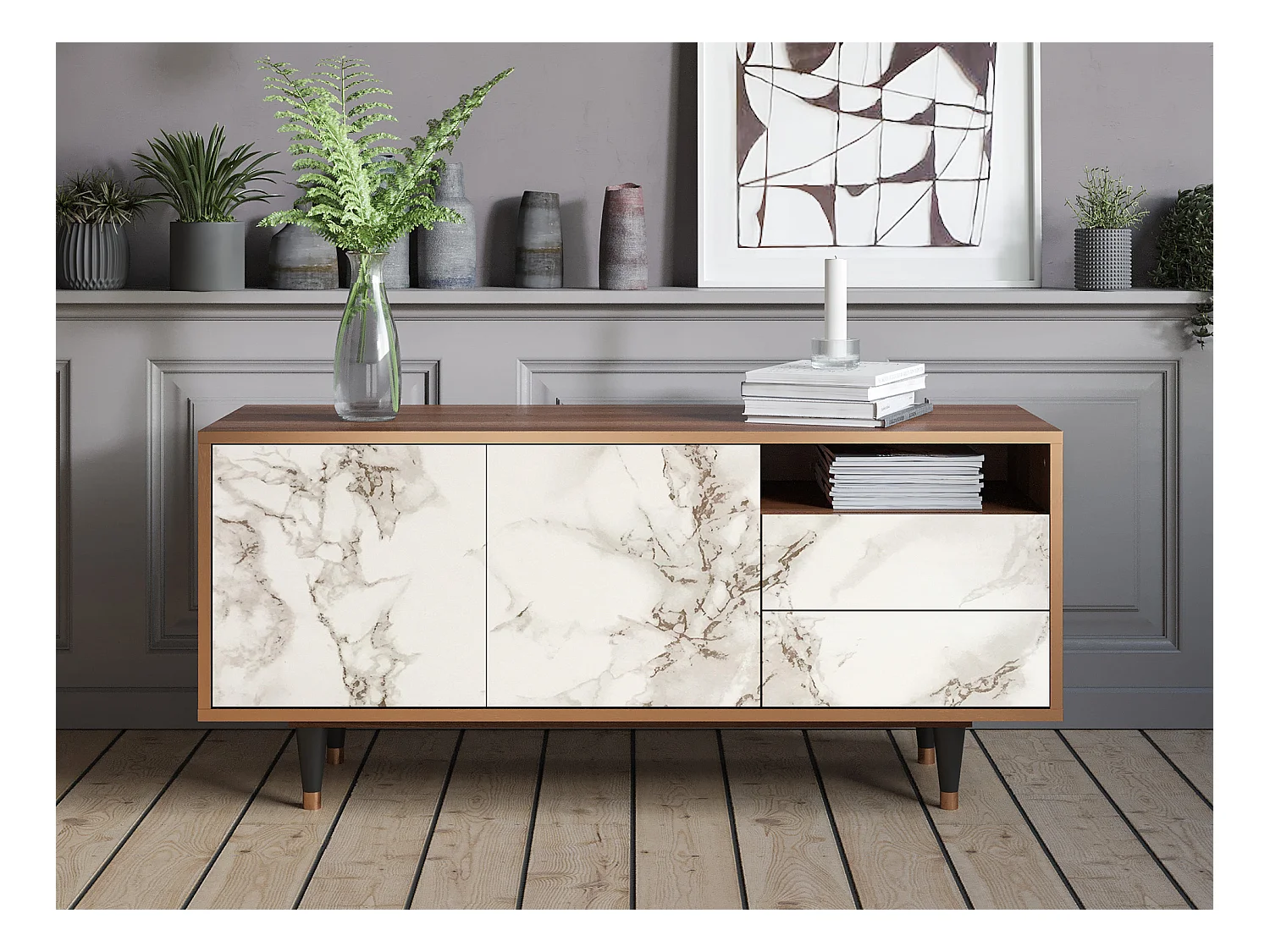 TV-Möbel - 125х56х41 cm - T7 - Milk Marble, Walnuss