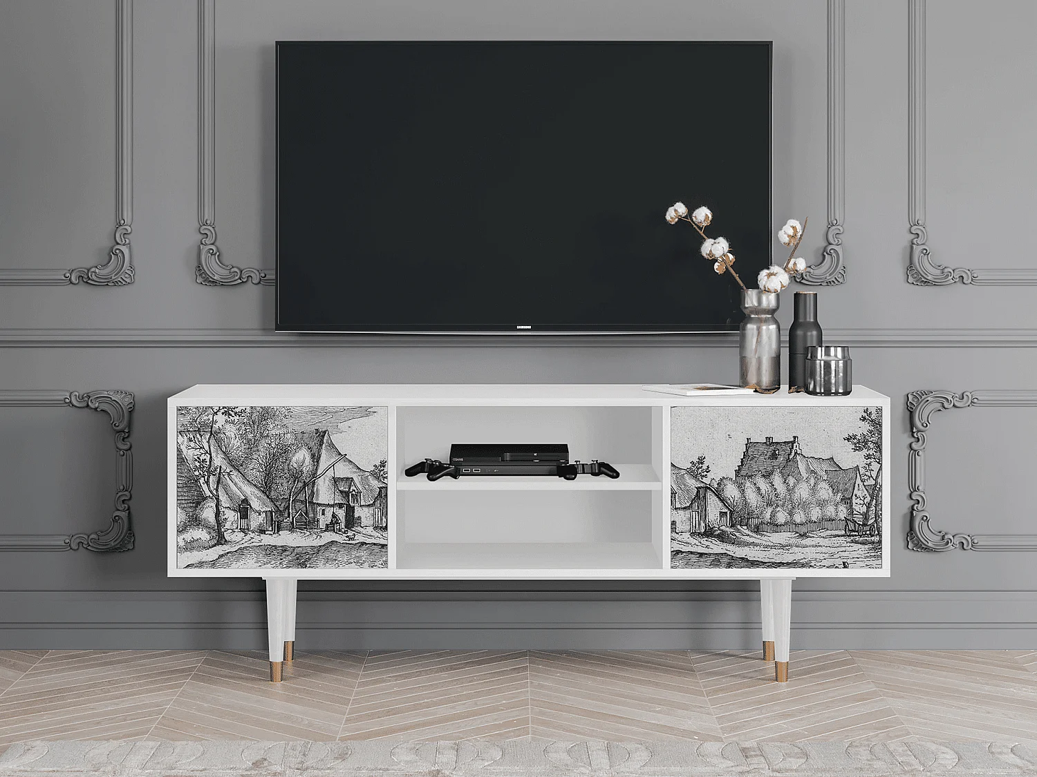 TV-meubel - 170х69х48 cm - T2 - Farms in a Village, Wit