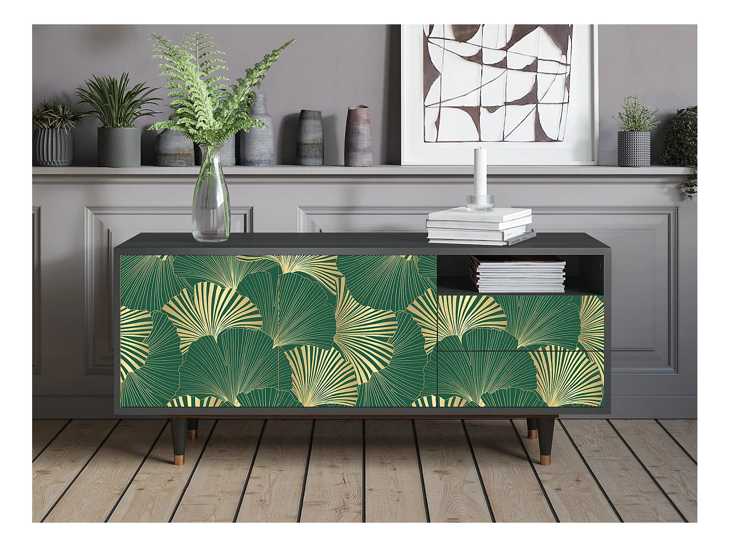 Mueble de TV - 125х56х41 cm - T7 - Gold Ginkgo, Antracita