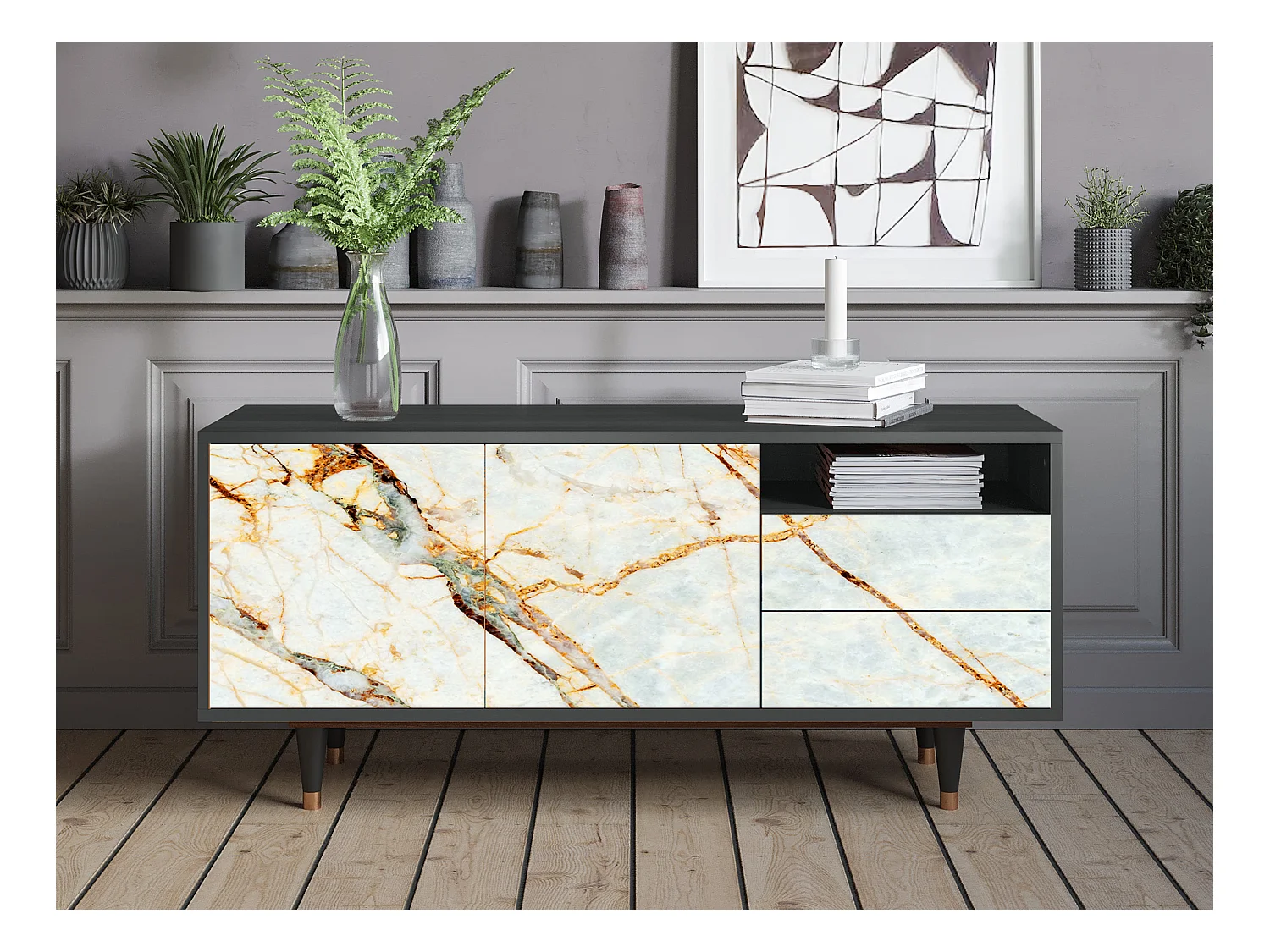 Meuble TV - 125х56х41 cm - T7 - Sabley Marble, Anthracite